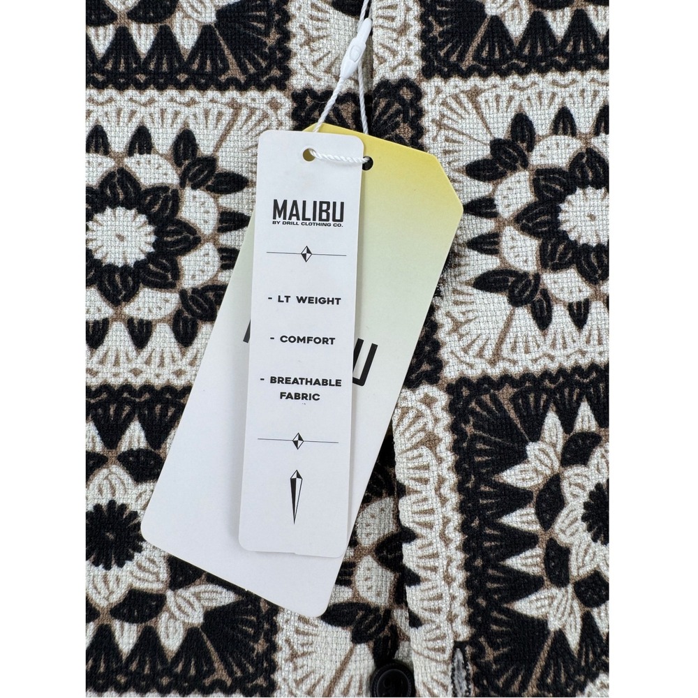 Malibu - Button Down Shirt Linen Look Geometric Tile - Black/Natural - L - Mens - Picture 5 of 10